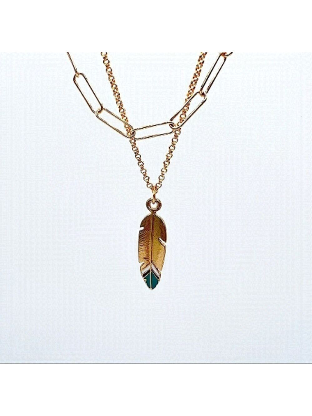 16 Gold Filled Paperclip Necklace and Loop Necklace with Gold and Green Feather.
